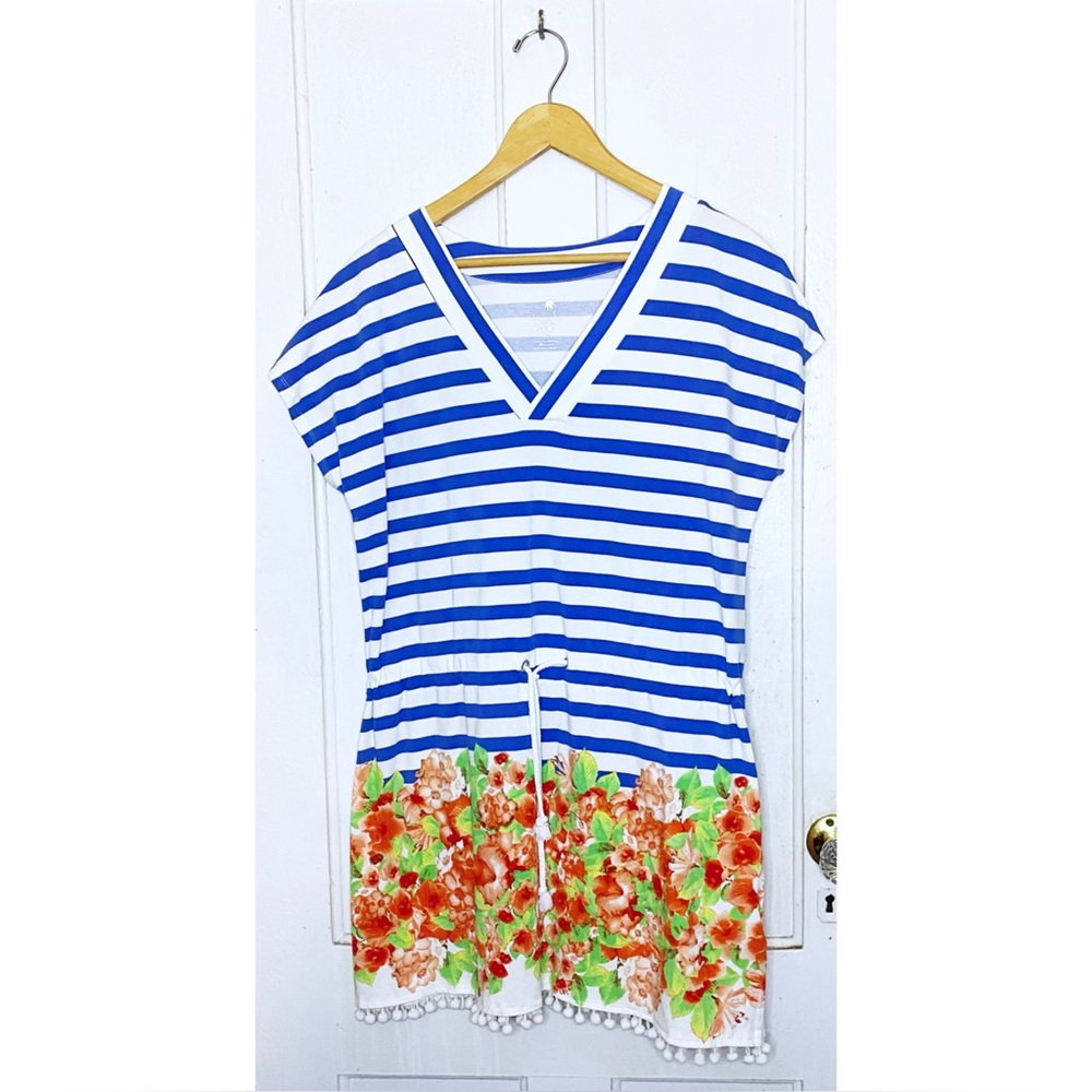 hearts of palm : size : M : striped floral short sleeve beachwear coverup dress